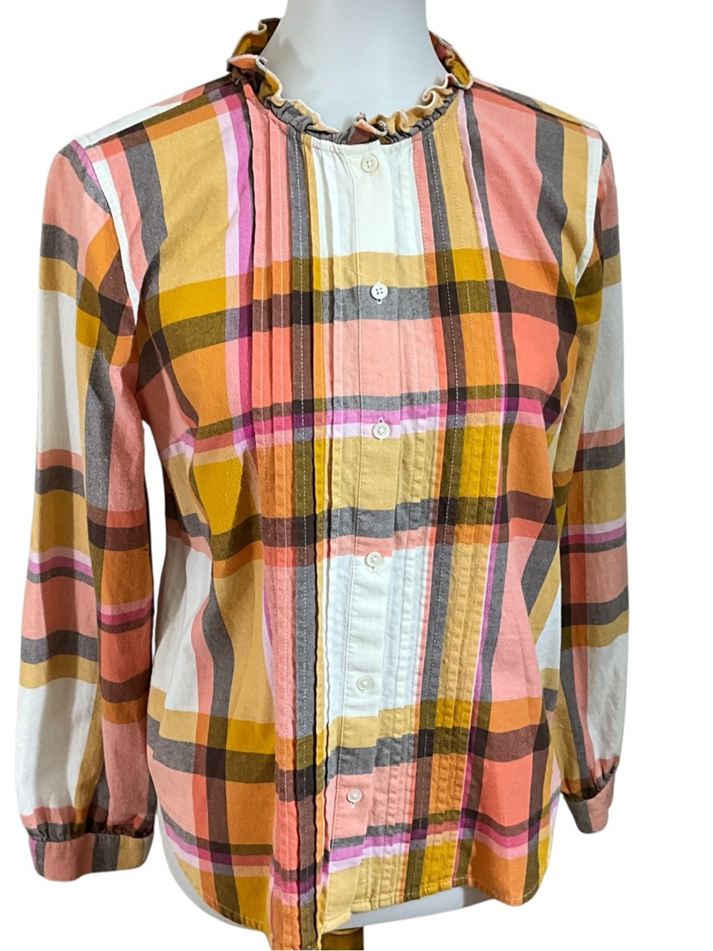 J Crew Plaid Ruffle Collar Button Front Long Sleeve Cotton Blouse Medium